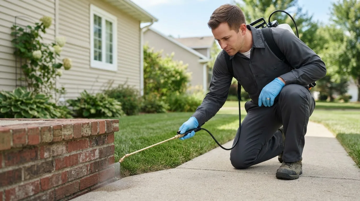 Pest control technician treating a home near Marble Rock, IA